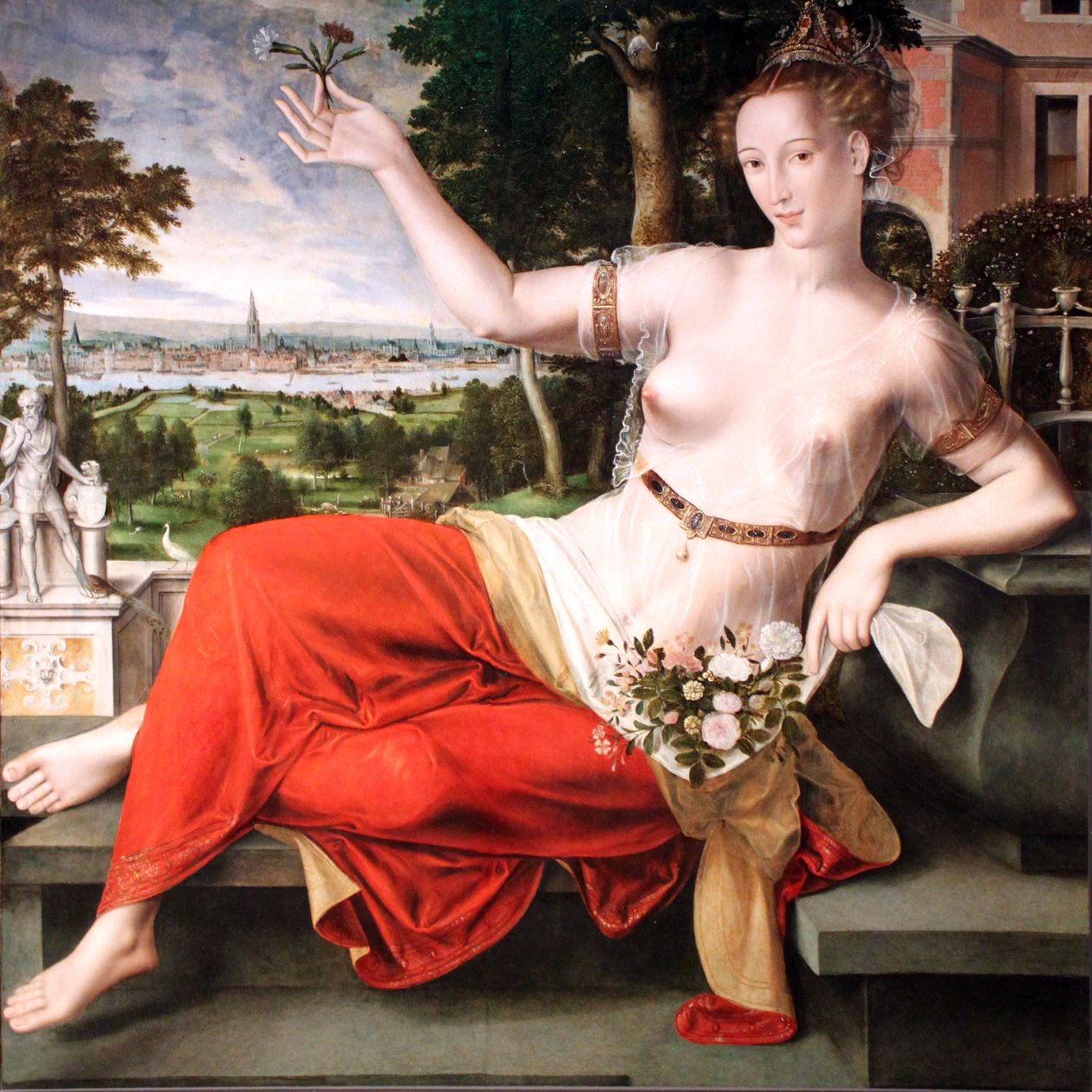 Hollanti: Flora ja Antwerpenin kaupunki Flora taustalla. tekijältä Jan Matsys