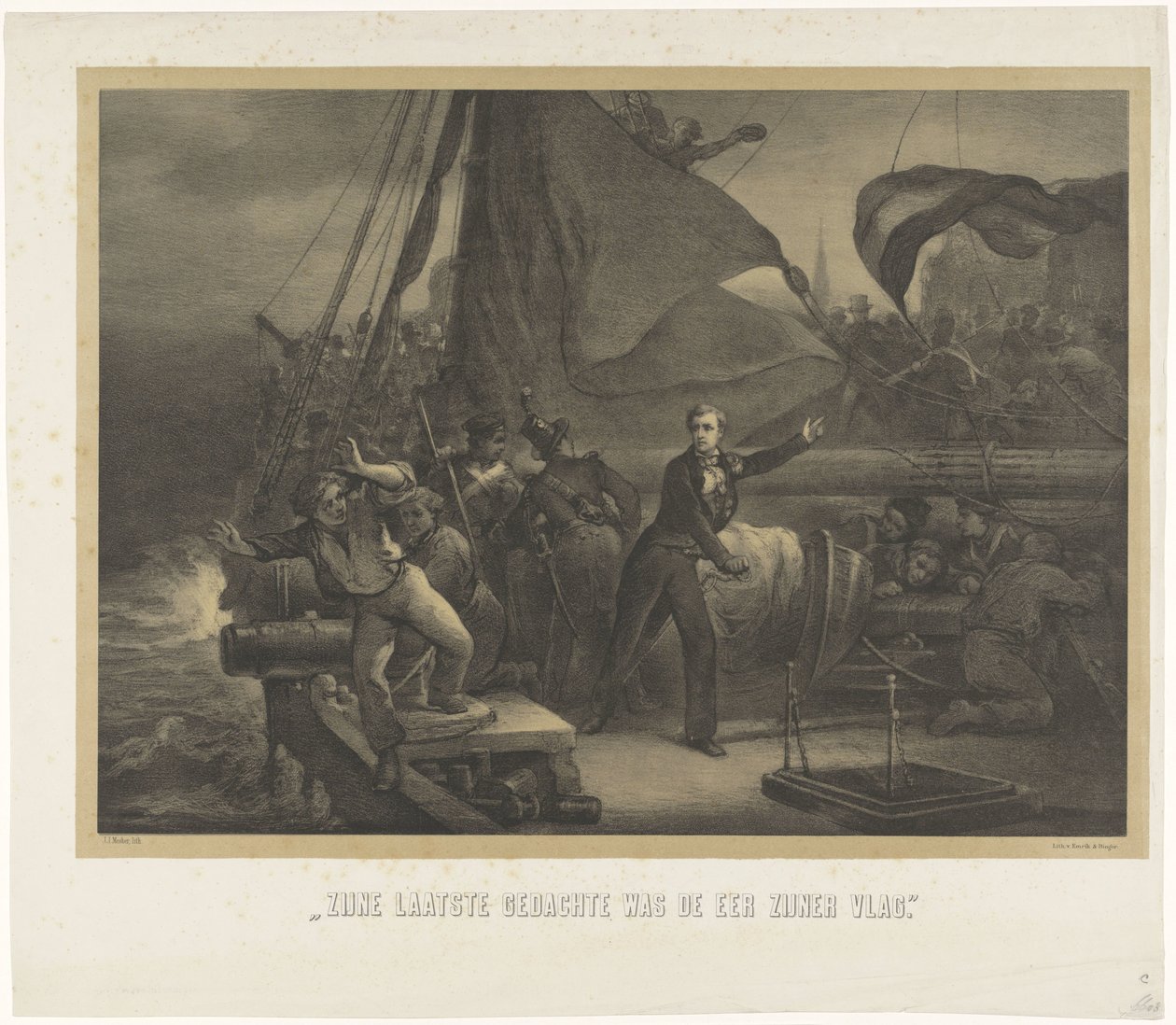 Jan van Speijk heittämässä sulaketta ruumaan, 1831 Hänen viimeinen ajatuksensa oli lippunsa kunnia (otsikko esineessä) tekijältä Jan Mesker