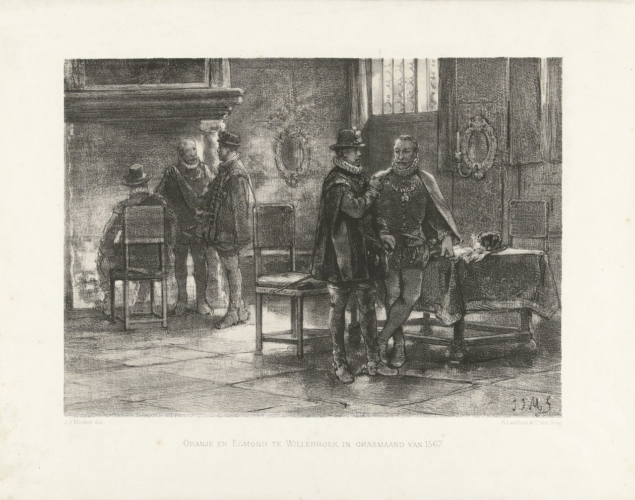 Orangen tapaaminen Egmondin kanssa Willebroekissa, 1567 Oranje ja Egmond Willebroekissa ruohokuukaudella 1567 (otsikko esineessä) tekijältä Jan Mesker