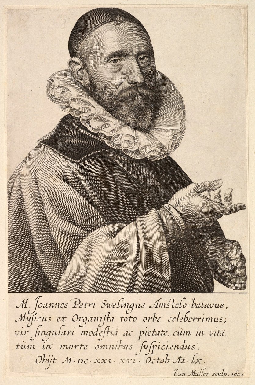 Jans Pietersz Sweelinckin muotokuva, pubi. 1624. tekijältä Jan Muller