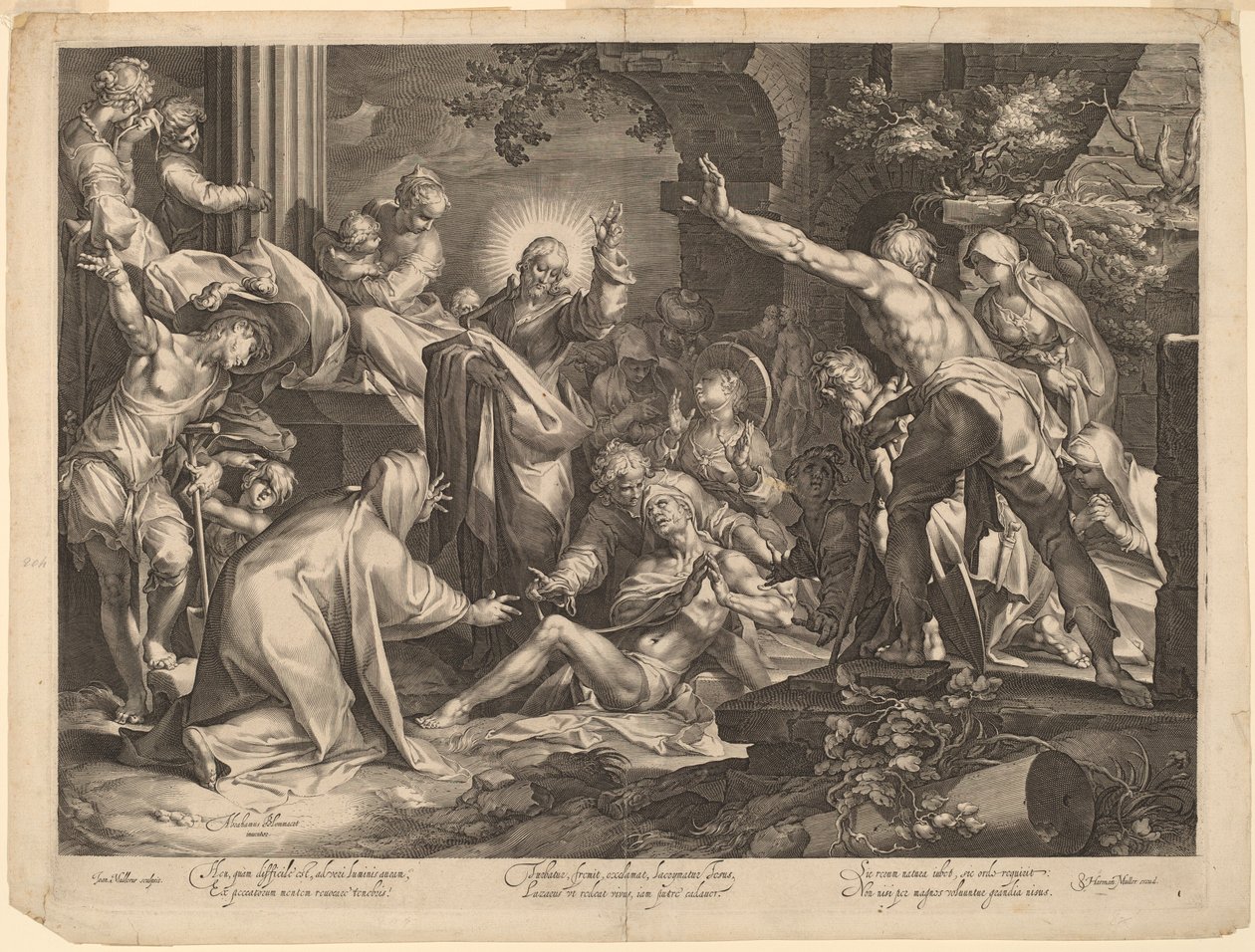 Lasaruksen herättäminen tekijältä Jan Muller, after Abraham Bloemaert