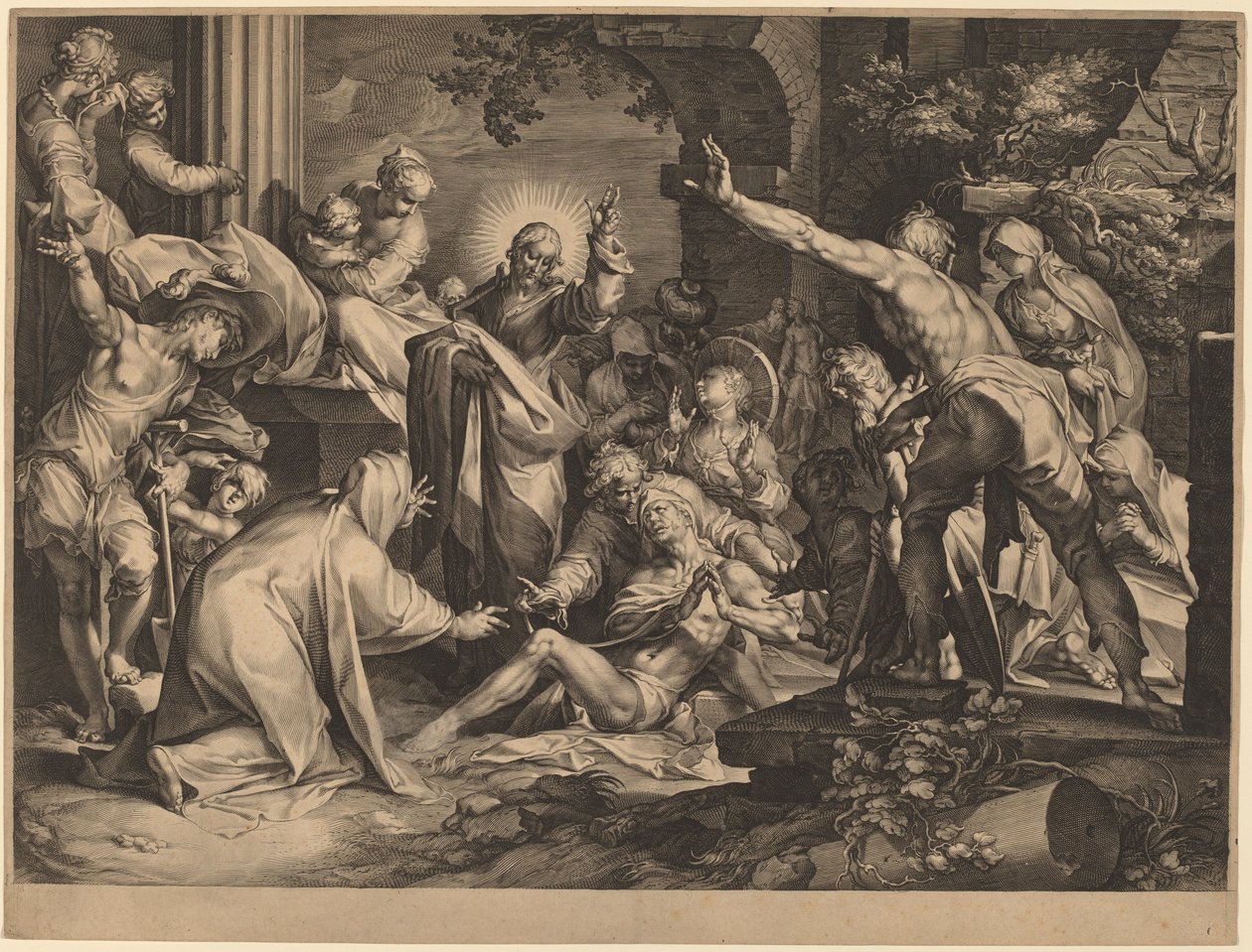 Lasaruksen herättäminen tekijältä Jan Muller after Abraham Bloemaert