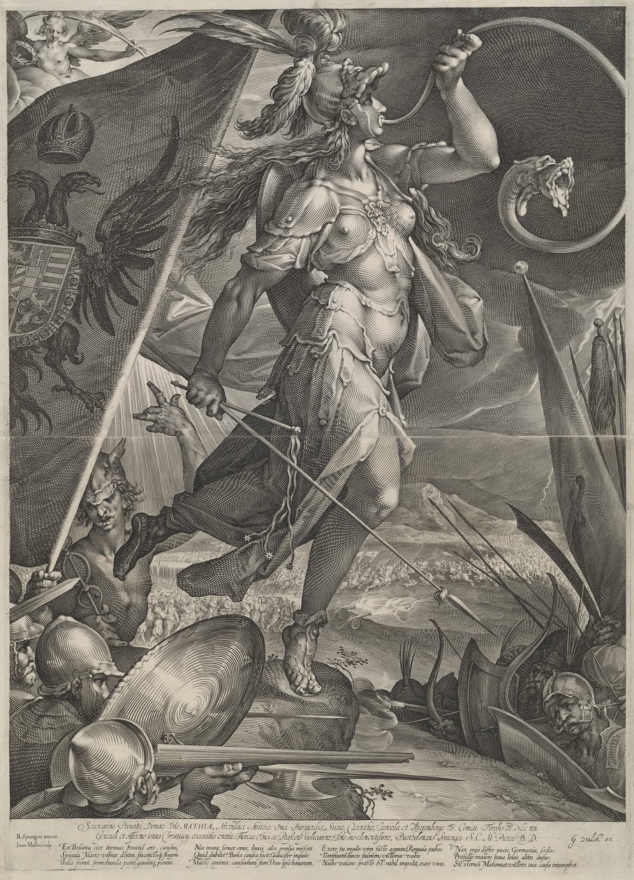 Bellona johtaa keisarillisia armeijoita turkkilaisia vastaan tekijältä Jan Muller after Bartholomaeus Spranger