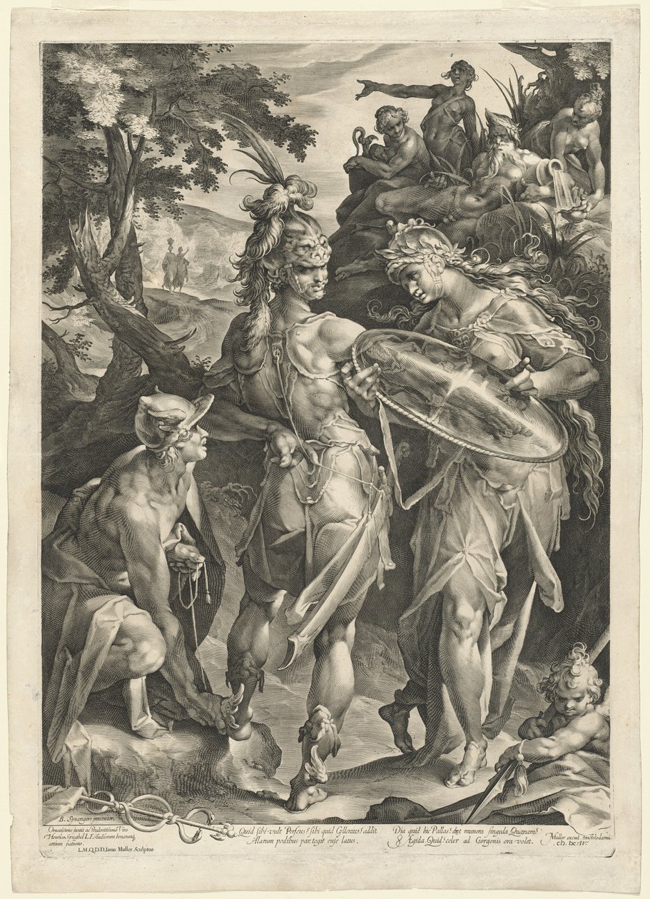Minerva ja Mercury aseistavat Perseusta tekijältä Jan Muller, after Bartholomaeus Spranger