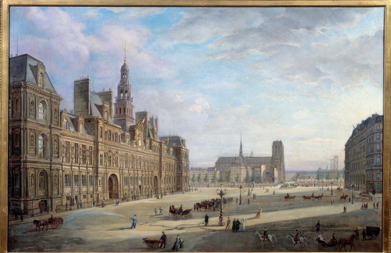 Pariisin kaupungintalo 1868. Jan Ostoga De Miodoucheskin (Mioduzsewski) maalaus (1831 -? ). Öljy kankaalle. Mitat: 0,78 x 1,17 m. Paris, Musee Carnavalet - Pariisin kaupungintalo vuonna 1868. Jan Ostogan maalaus, Miodoucheski (Mioduzsewski) (1831-? ). O tekijältä Jan Ostoja Mioduszewski