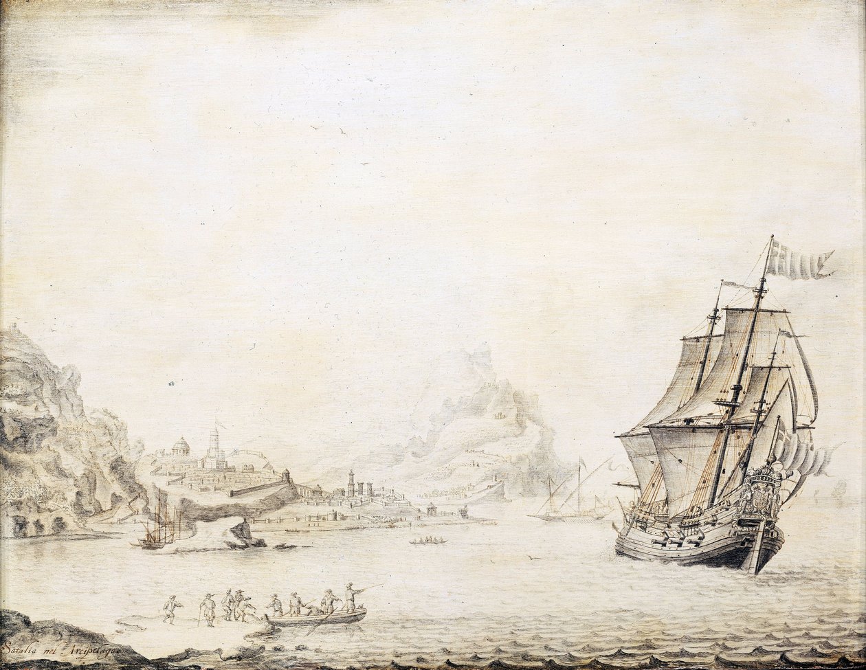 Brittiläinen laiva Satalian (Turkki) rannikolla vuonna 1677, jota ympäröi kivinen rantaviiva, muinaiset kaupungin muurit ja minareetit. Öljy puulle tekijältä Jan Peeters