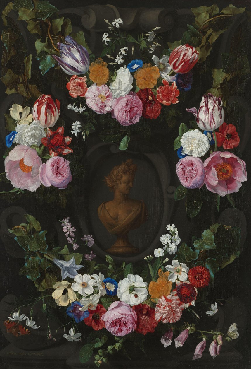 Swageilla ja kukkasuihkeilla koristeltu cartouche tekijältä Jan Philip van Thielen