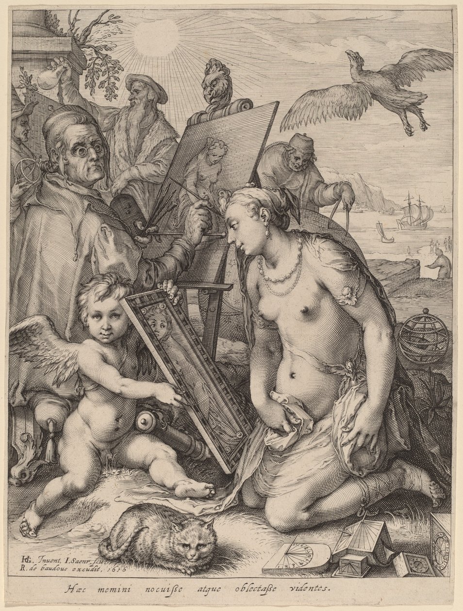 Taiteilija maalaa alaston naisen: visuaalisen havainnon allegoria tekijältä Jan Pietersz Saenredam after Hendrik Goltzius