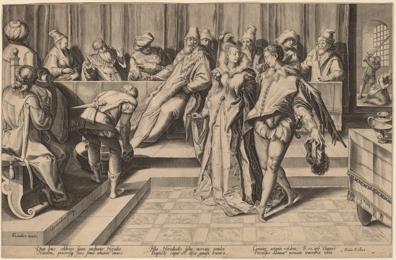 Salome tanssii Herodeksen edessä tekijältä Jan Pietersz Saenredam, after Karel van Mander I