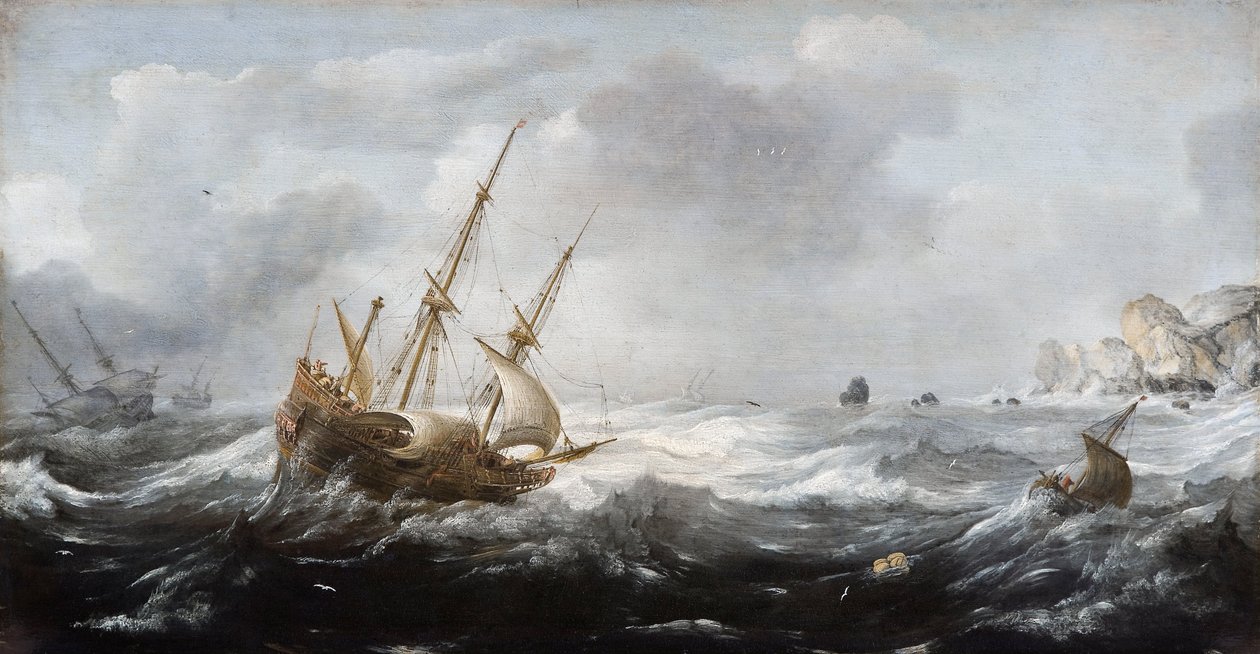 Laivoja myrskyssä kalliorannikolla, 1614-1618 tekijältä Jan Porcellis
