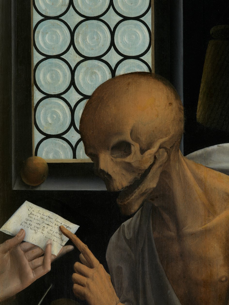 Detalhe da Morte e do Avarento, c.1515-21 (óleo sobre painel) finlandês tekijältä Jan Provoost