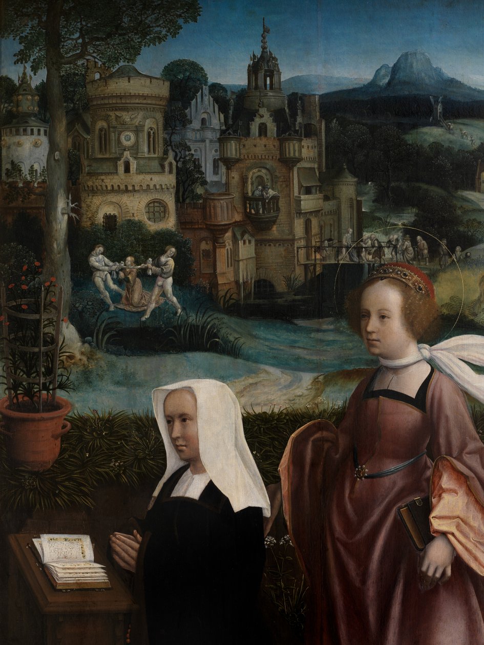 Yksityiskohta luovuttajasta Pyhän Nikolauksen kanssa ja luovuttajan vaimosta pyhän Godelivan kanssa, n. 1515-21 (öljy paneelissa) tekijältä Jan Provoost
