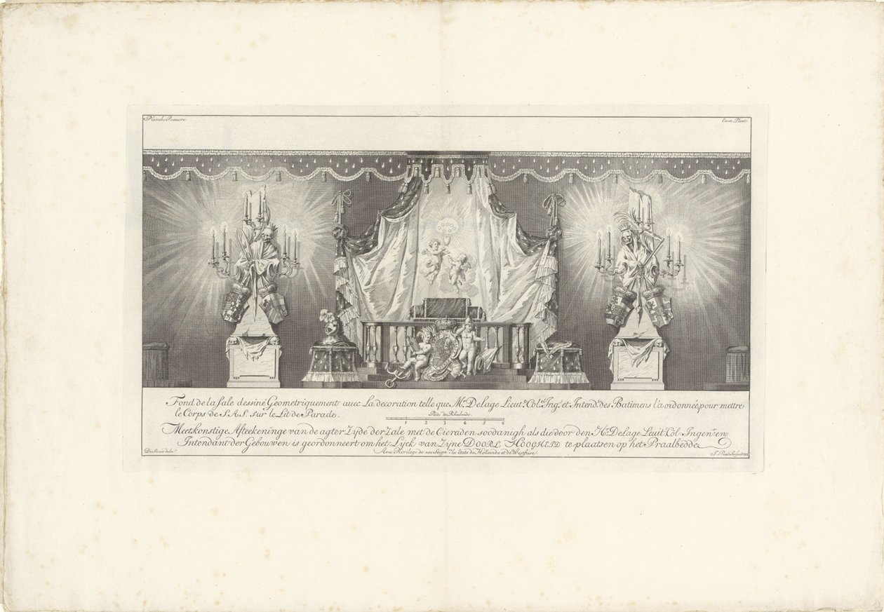 Huoneen takaosassa prinssi William IV:n majesteetti, 1751 Fond de la sale dessiné Geometriquement (...) / Meetkonstige Afteekeninge of the back Zijde der Zale with Cieraden soodanigh kuten den Hr. Delage Leuit. Col: Ingen.r ja intendantti tekijältä Jan Punt