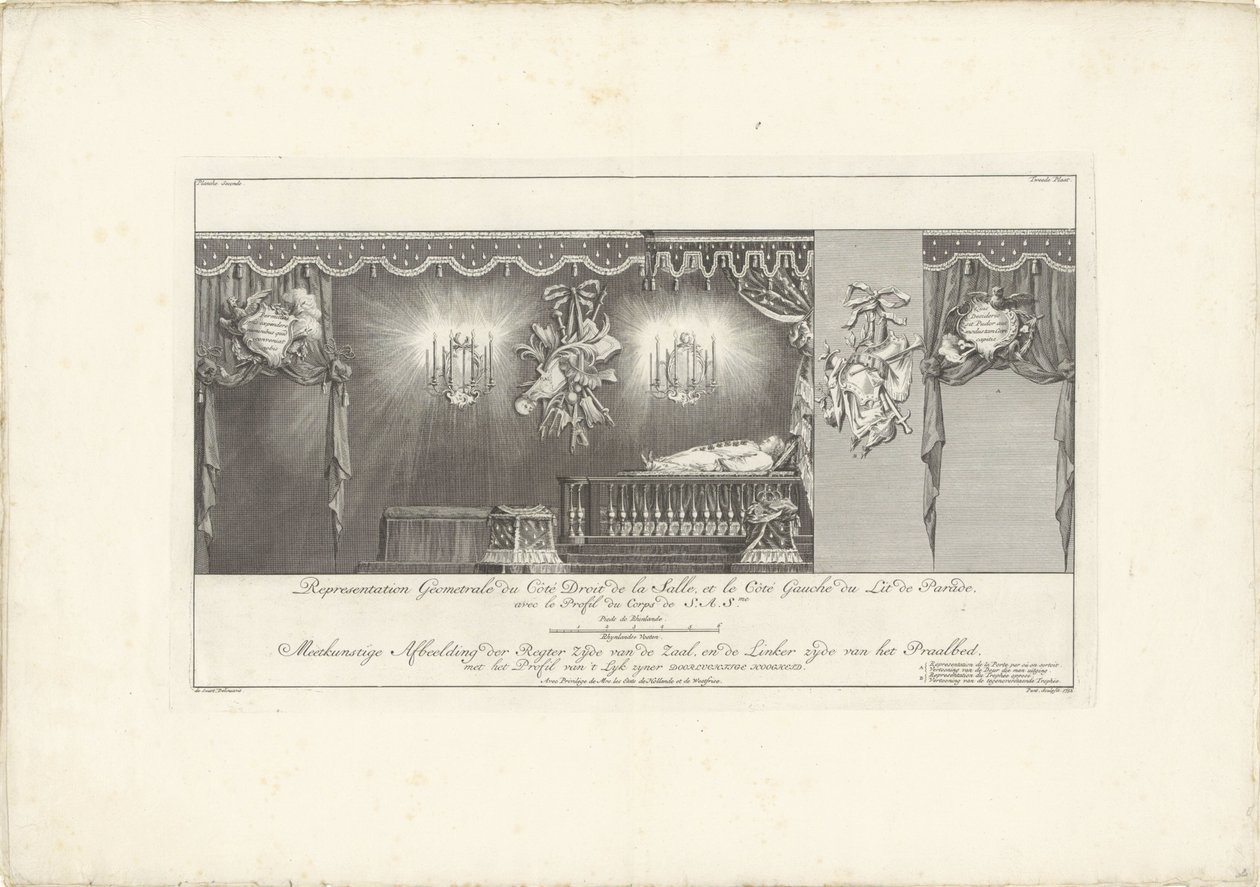 Hallin oikealla puolella prinssi William IV:n majesteetti, 1751 Edustus Geometrale du Côte Droit (...) / Meetkonstige Kuva salin oikeasta puolelta ja Splendor Bed -vuoteen vasemmasta puolelta, profiililla 