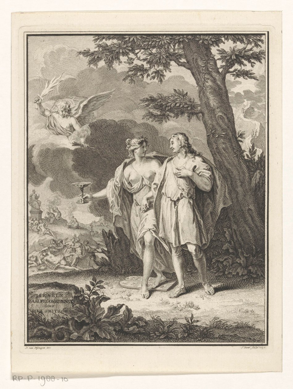 Himo viettelee nuoren miehen Nimisivu: Dirk Smits, Israëls Baalfegorsdienst tai Punished lust, 1737 tekijältä Jan Punt