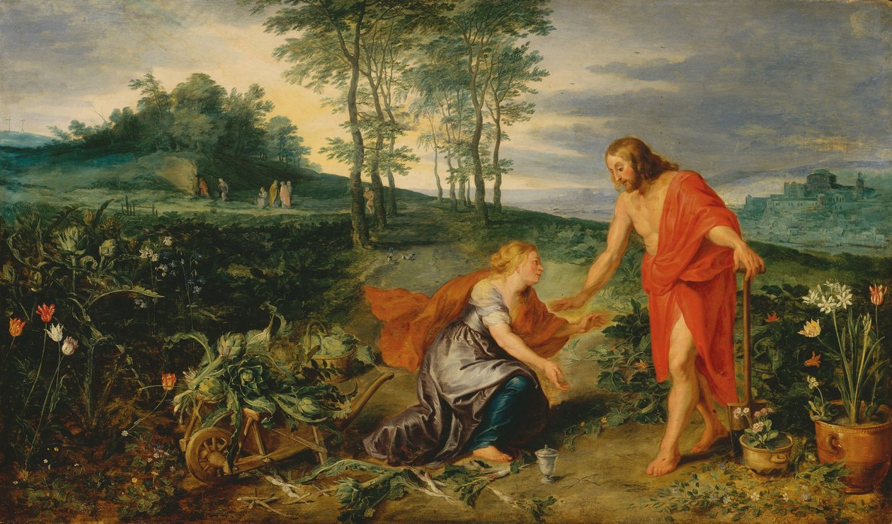 Kristus ilmestyy Maria Magdaleenalle pääsiäisaamuna (Noli me tangere), noin 1626 (öljy puulle). tekijältä Jan & Rubens P.P. (1577-1640) Brueghel