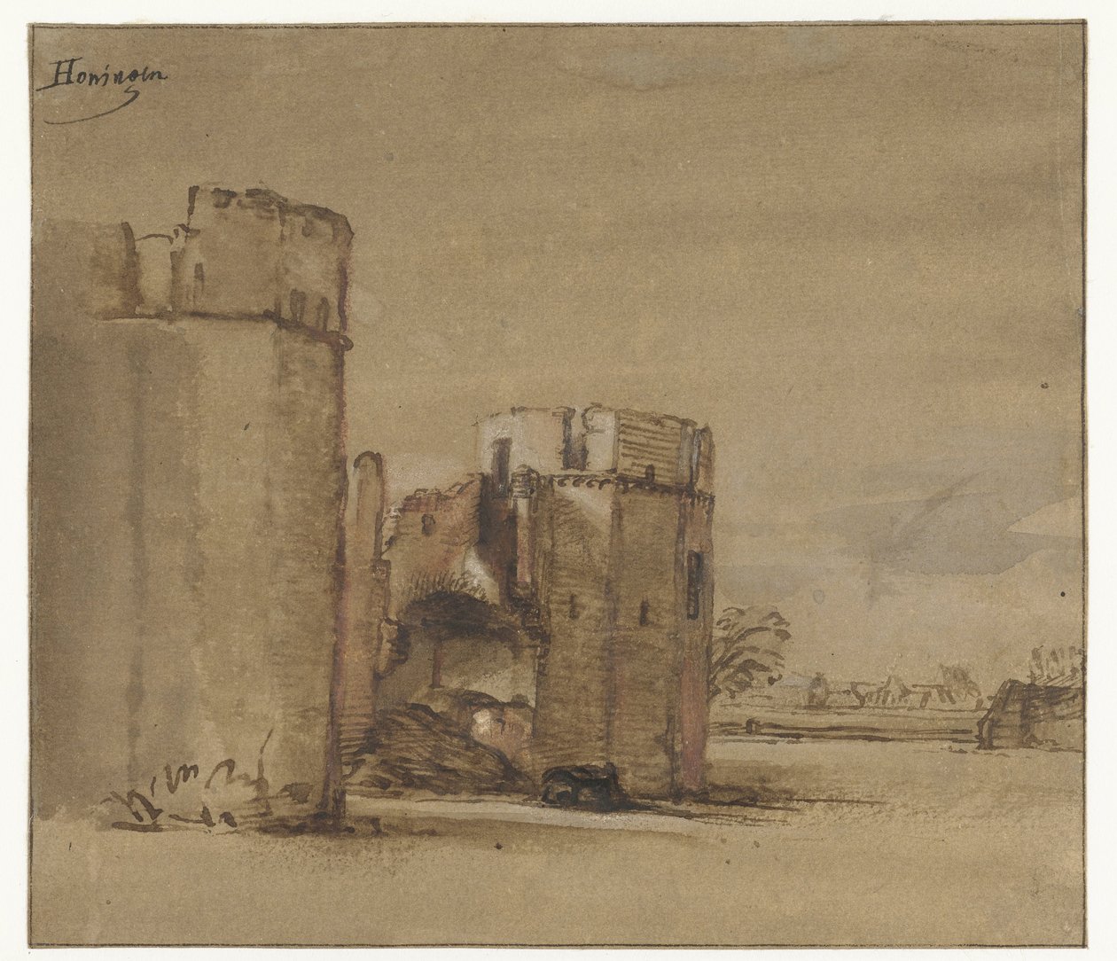 Näkymä Honingenin linnalle lähellä Rotterdamia tekijältä Jan Ruyscher (attributed to)