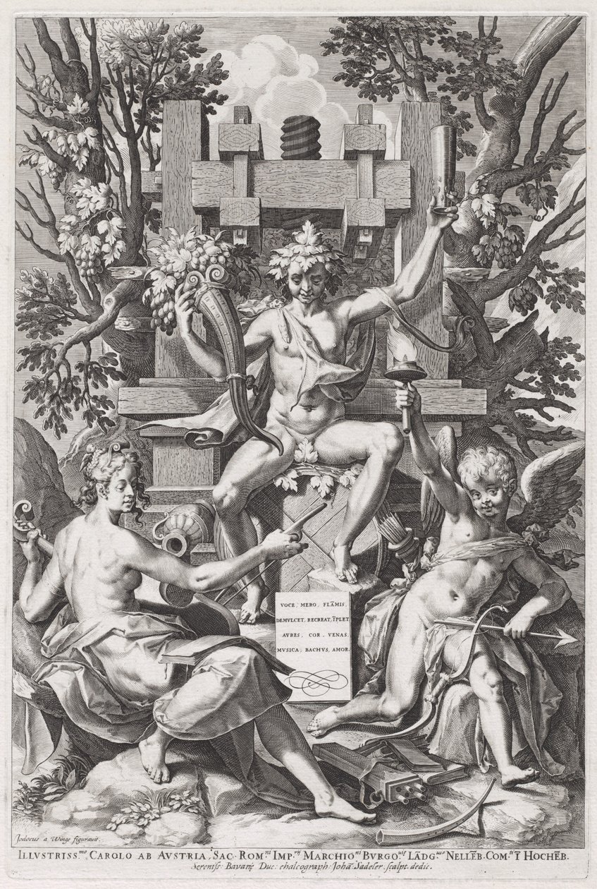 Bacchus istuu tynnyrillä Amorin ja musiikin välissä tekijältä Jan Sadeler I, after Joos van Winghe