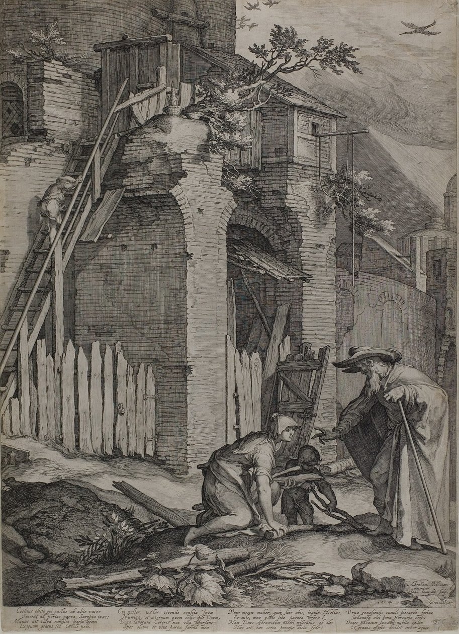 Profeetta Elie saapumassa Sareptasin taloon" Leski, 1604 tekijältä Jan Saenredam