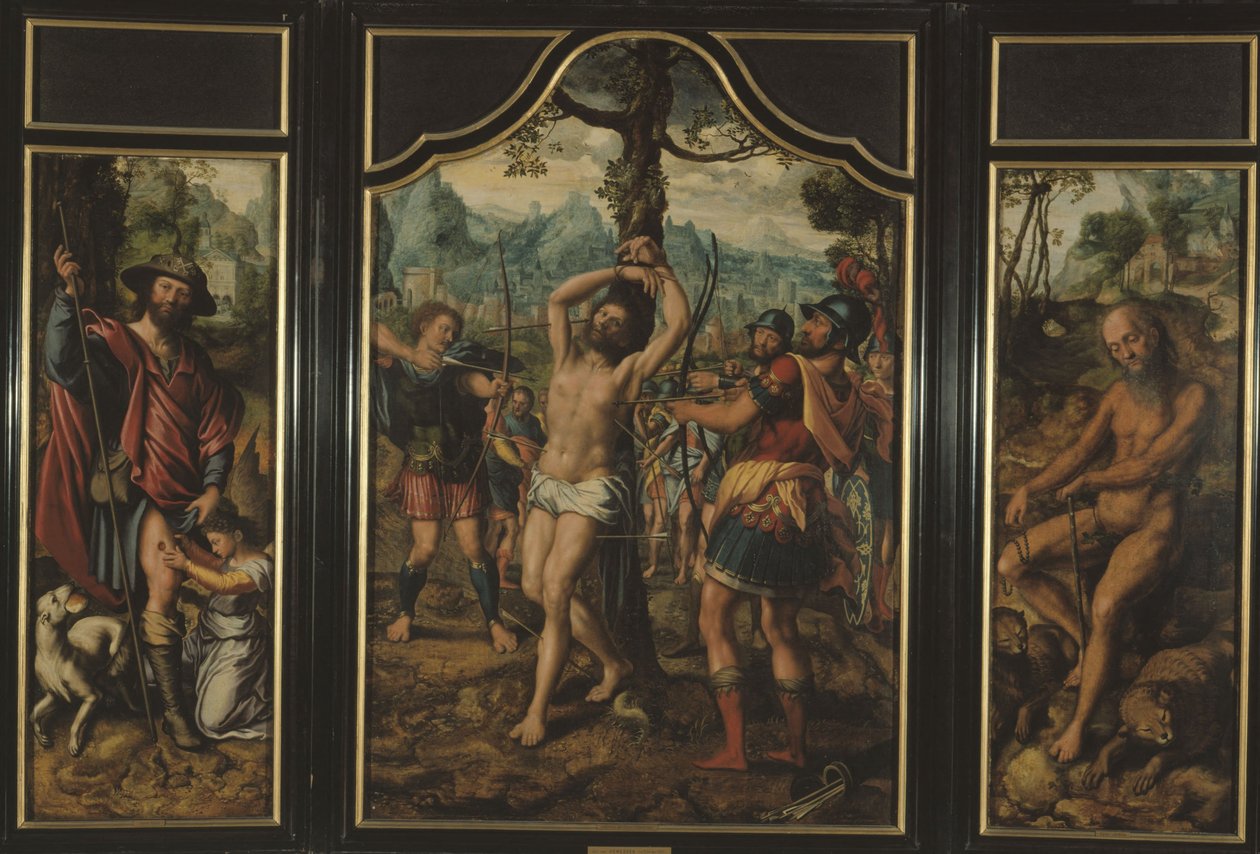 Triptyykki Pyhän Sebastianin marttyyriudesta (keskimmäinen paneeli): Pyhä Roch (vasen paneeli), Pyhä Onuphre (oikea paneeli), Pyhä Pietari (oikean paneelin kääntöpuoli), Pyhä Stefanus (vasemman paneelin kääntöpuoli), vuosien 1525 ja 1566 välillä (öljy). tekijältä Jan Sanders van Hemessen