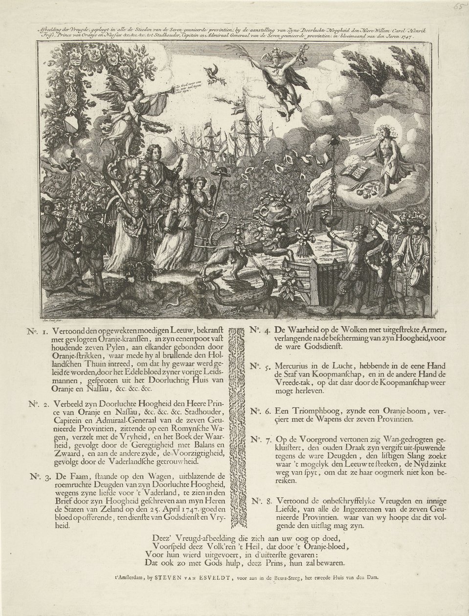 Allegoria Vilhelm IV:n nimittämisestä tasavallan kaupunginhaltijaksi, 1747 Ilokuva, joka on tehty kaikissa Steeden of the Seven -provinsseissa, nimittämällä (...) Willem Carel Henrik Friso (...) kaupunginhaltijaksi, kapteeniksi ja tekijältä Jan Smit (II)