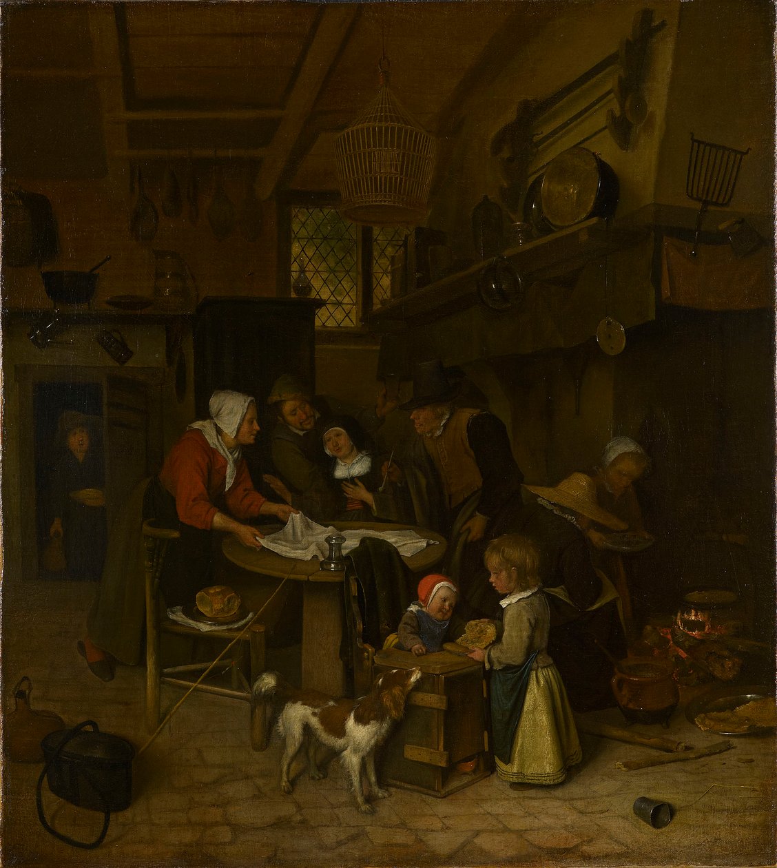 Kohtaus talonpoikaiskeittiössä, jossa palvelija pesee liinoja. tekijältä Jan Steen
