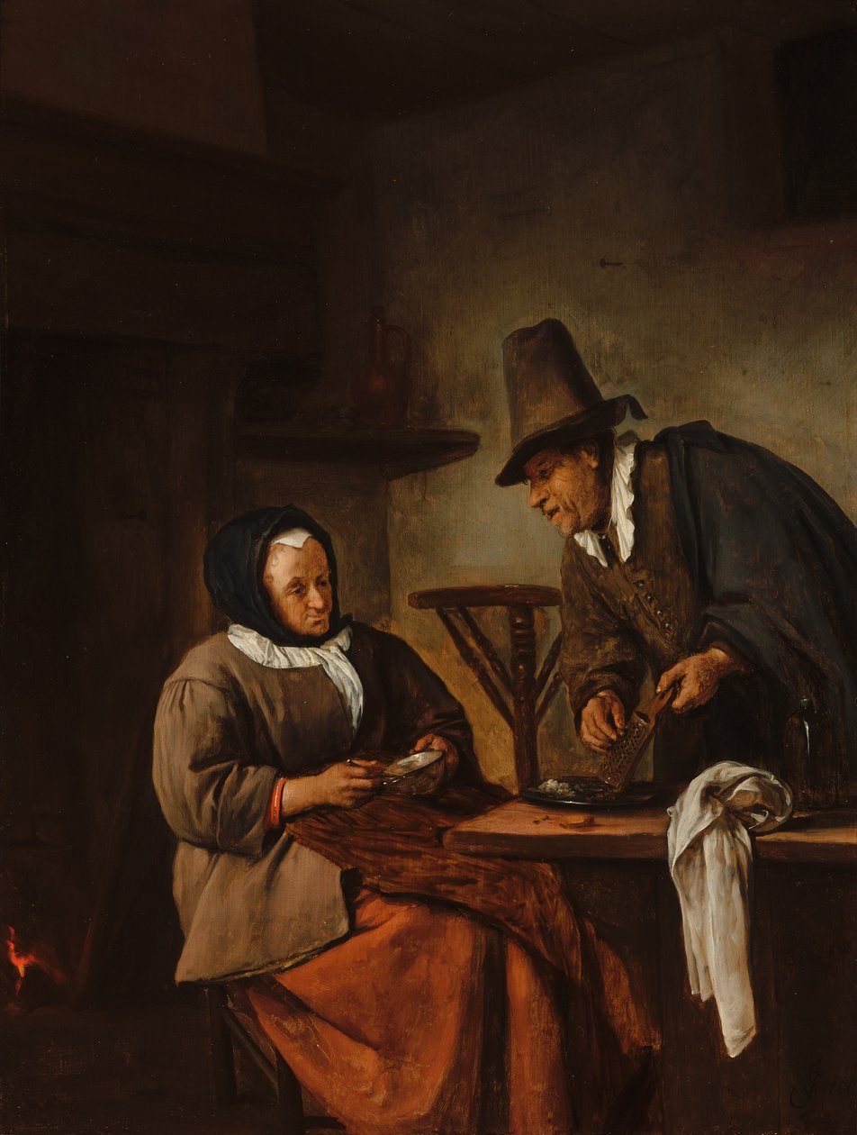 Vanha pariskunta valmistaa caudle-juomaa tekijältä Jan Steen