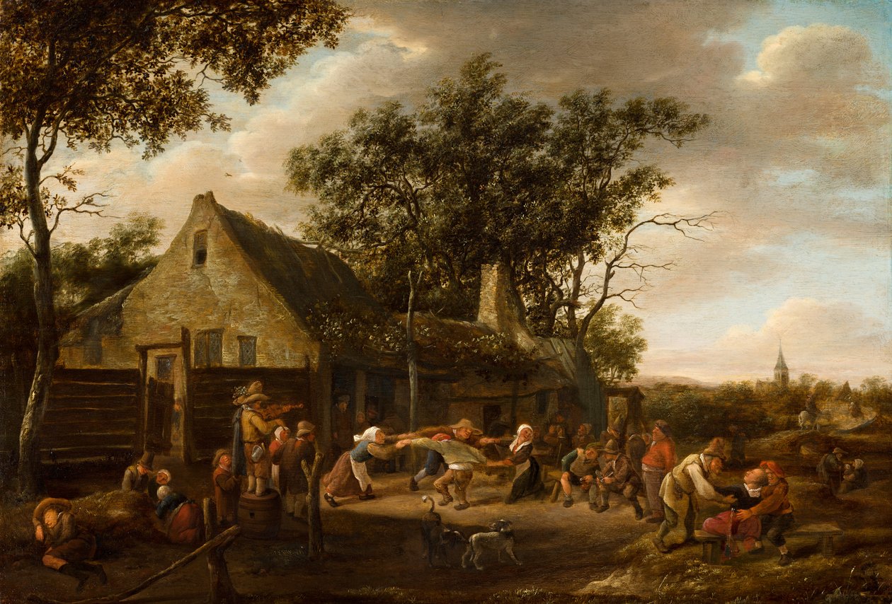 Tanssivat talonpojat majatalon edessä tekijältä Jan Steen