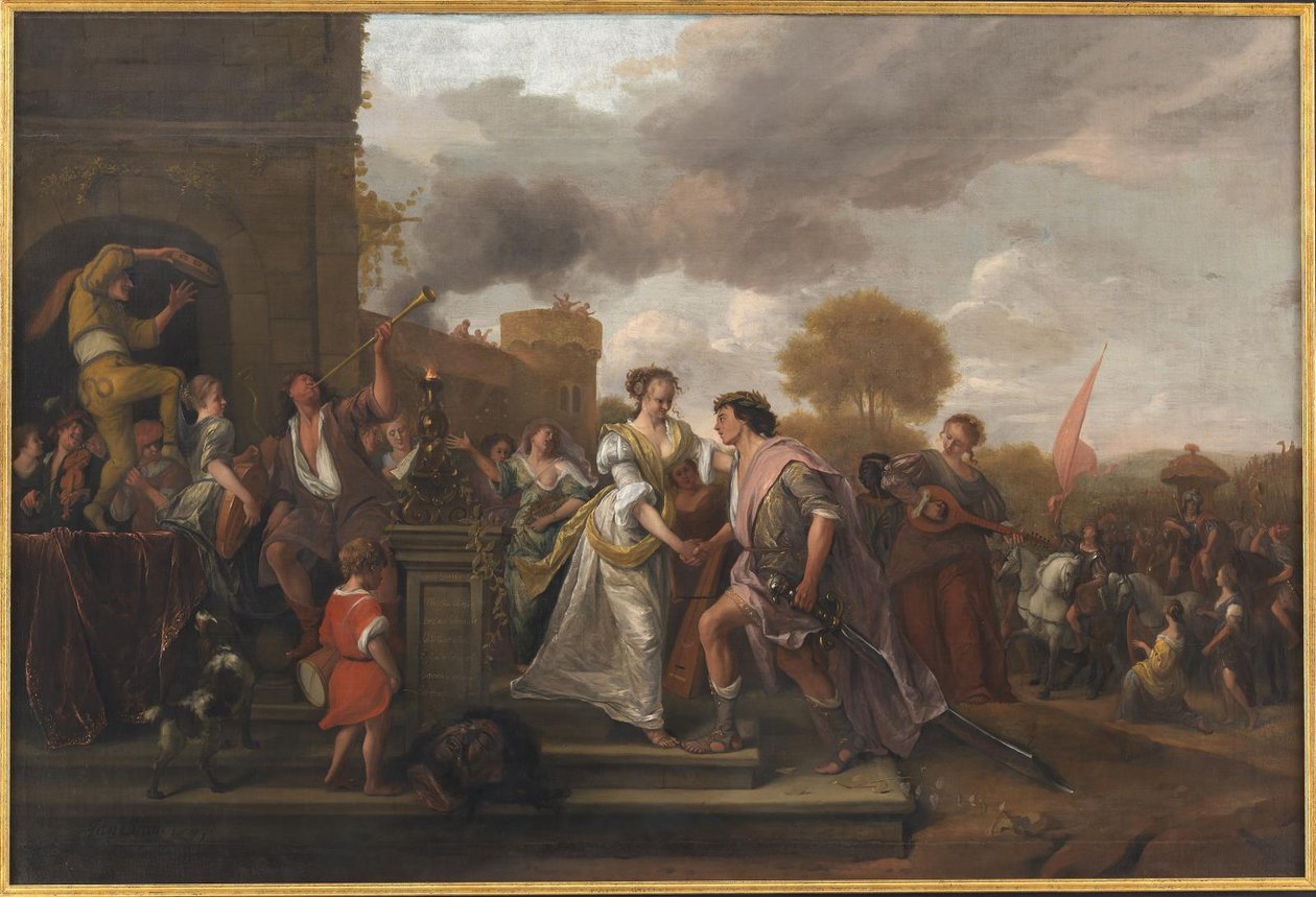 Daavid palasi voittajana kukistaessaan Goljatin ja filistealaiset tekijältä Jan Steen