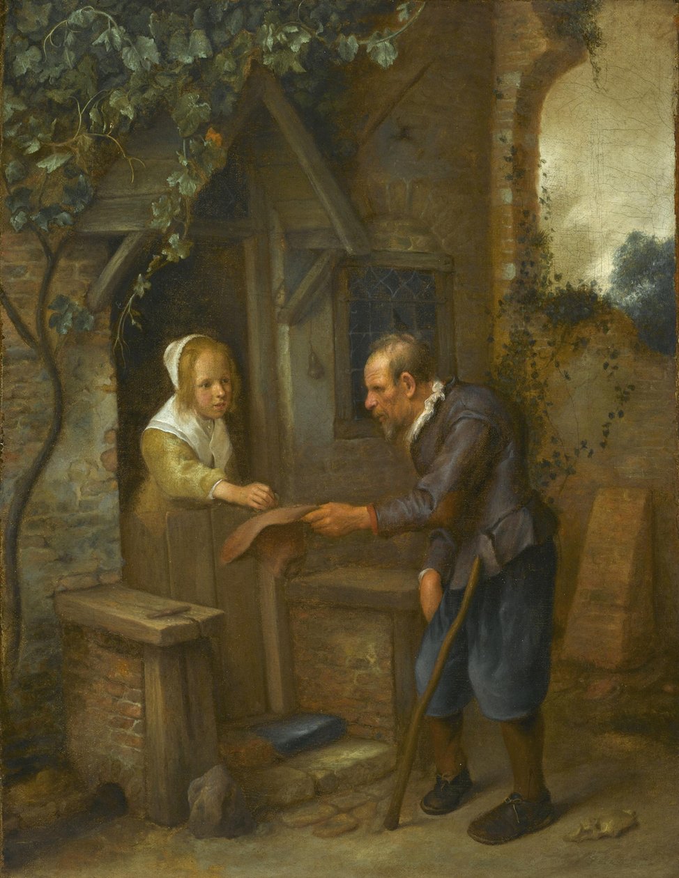 Nuori tyttö antaa almuja vanhalle miehelle tekijältä Jan Steen