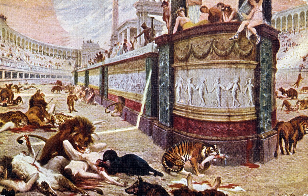 Postikortti, joka kuvaa verisiä pelejä Rooman areenalla, kuvitus kirjasta "Quo Vadis", 1910. tekijältä Jan Styka