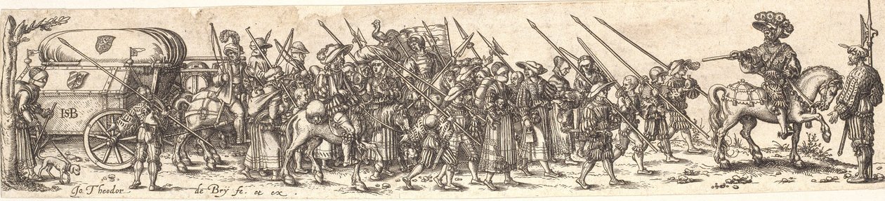 Sotilaiden usko, edessä upseeri hevosen selässä tekijältä Jan Theodor de Bry