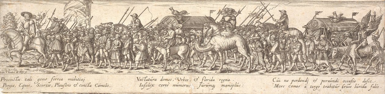 Sotilaiden usko matkatavaravaunuineen ja Kuolema hevosen selässä tekijältä Jan Theodor de Bry