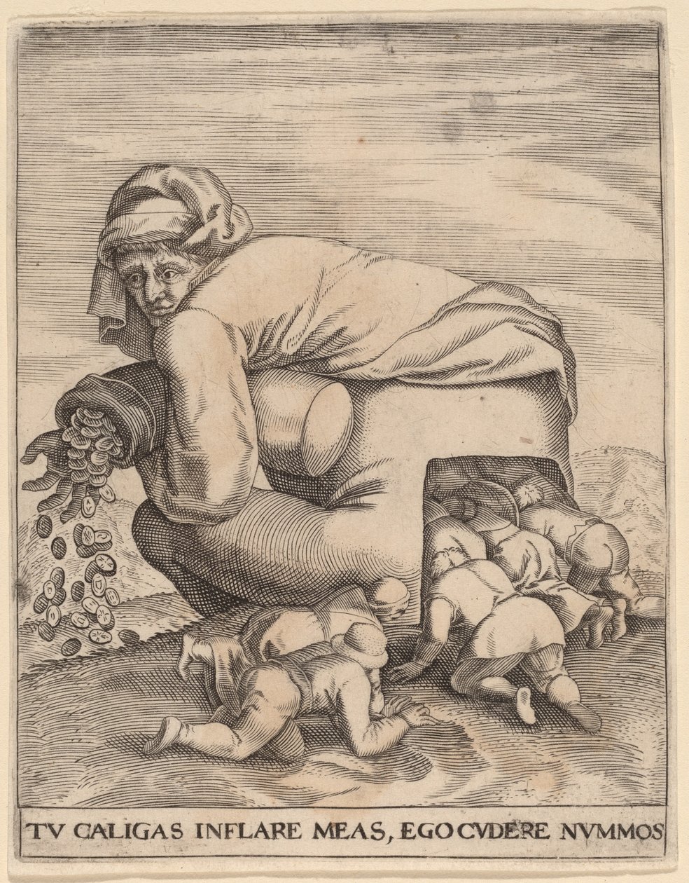 Mies rahapussin kanssa ja hänen imartelijansa tekijältä Jan Theodor de Bry after Pieter Bruegel the Elder