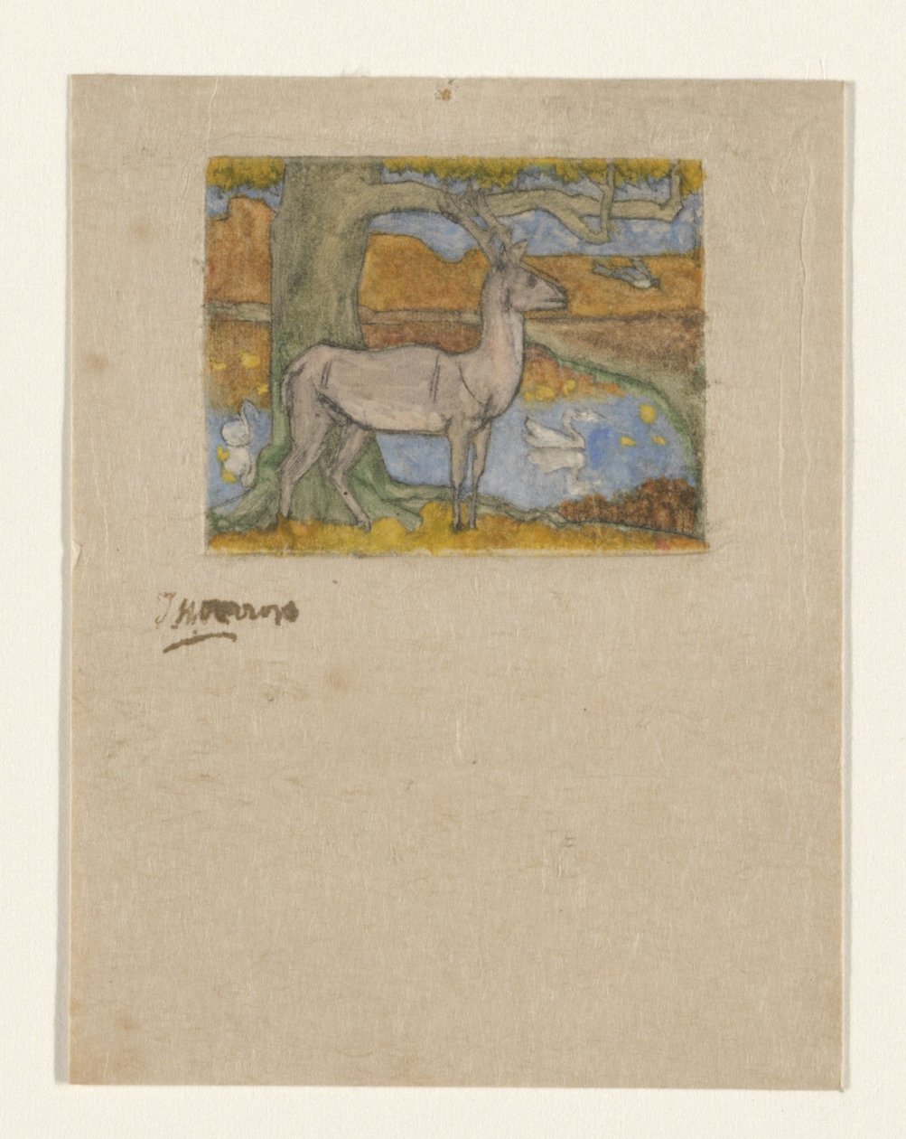 Hirvi lähellä puuta lammen edessä Hirvi lähellä puuta (alkuperäinen nimi) tekijältä Jan Toorop (signed by artist)