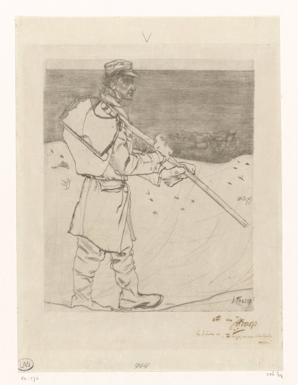 Simpukkakalastaja verkossa Katwijk aan Zeen rannalla The Shell Fisherman (alkuperäinen nimi) tekijältä Jan Toorop (signed by artist)
