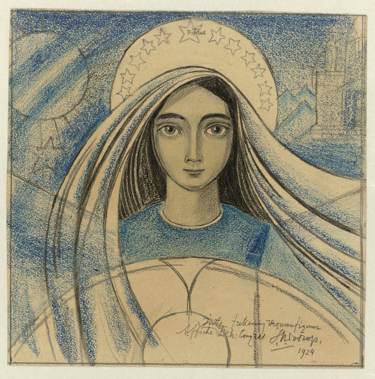 Yksityiskohtainen suunnittelu naisen päästä Amsterdamissa 22.-27.7.1924 pidetyn kansainvälisen eukaristisen kongressin julisteeseen tekijältä Jan Toorop