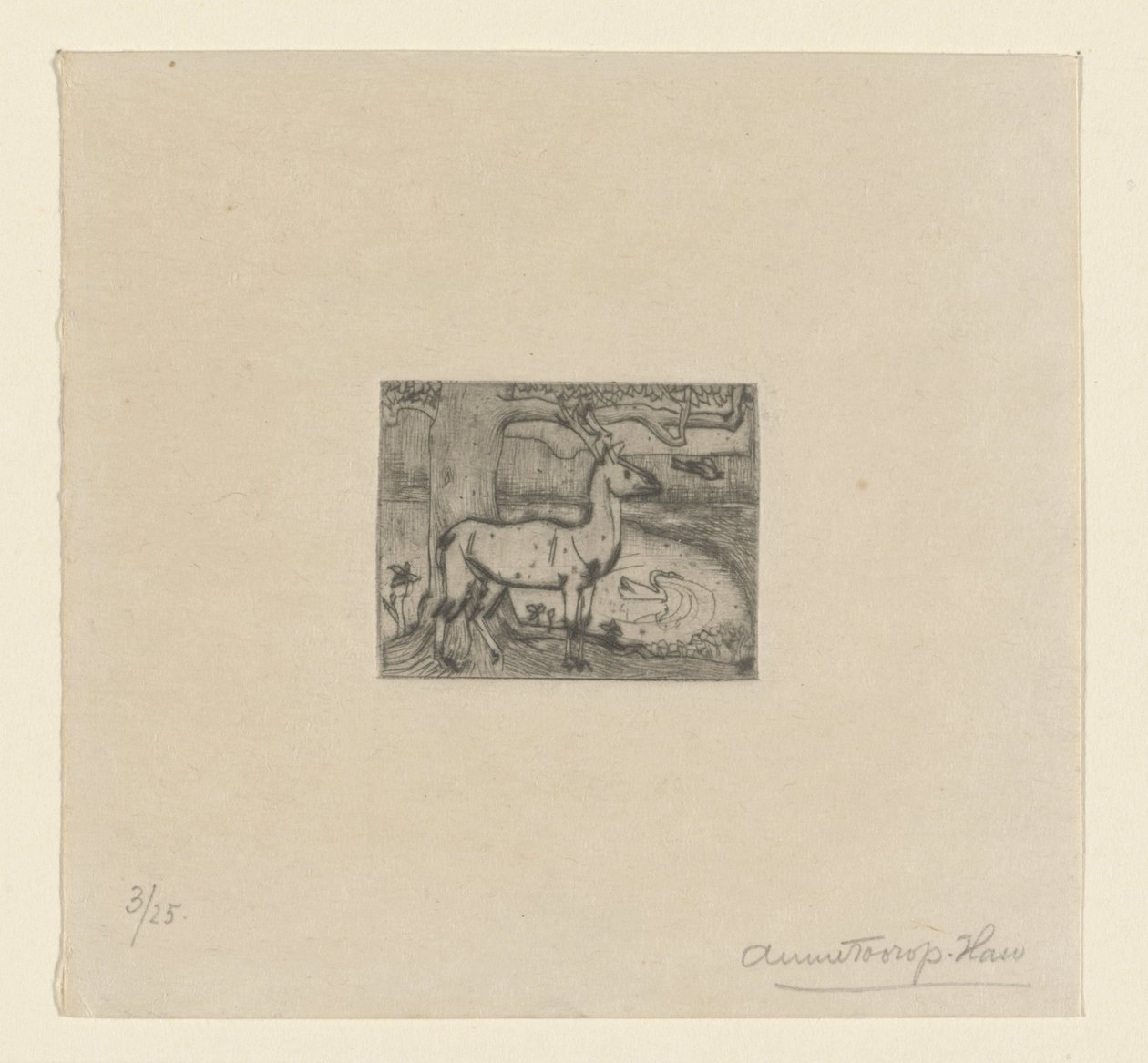 Hirvi lähellä puuta lammen edessä Hirvi lähellä puuta (alkuperäinen nimi) tekijältä Jan Toorop