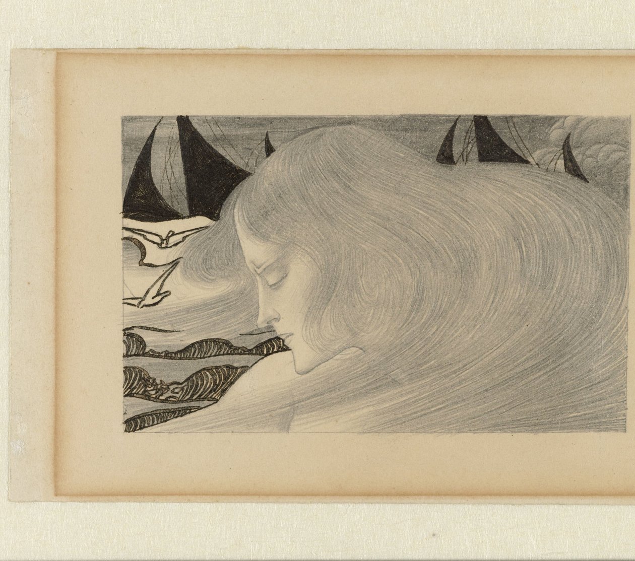 Nuori nainen aaltoilevilla hiuksilla meren edessä laivojen kanssa tekijältä Jan Toorop