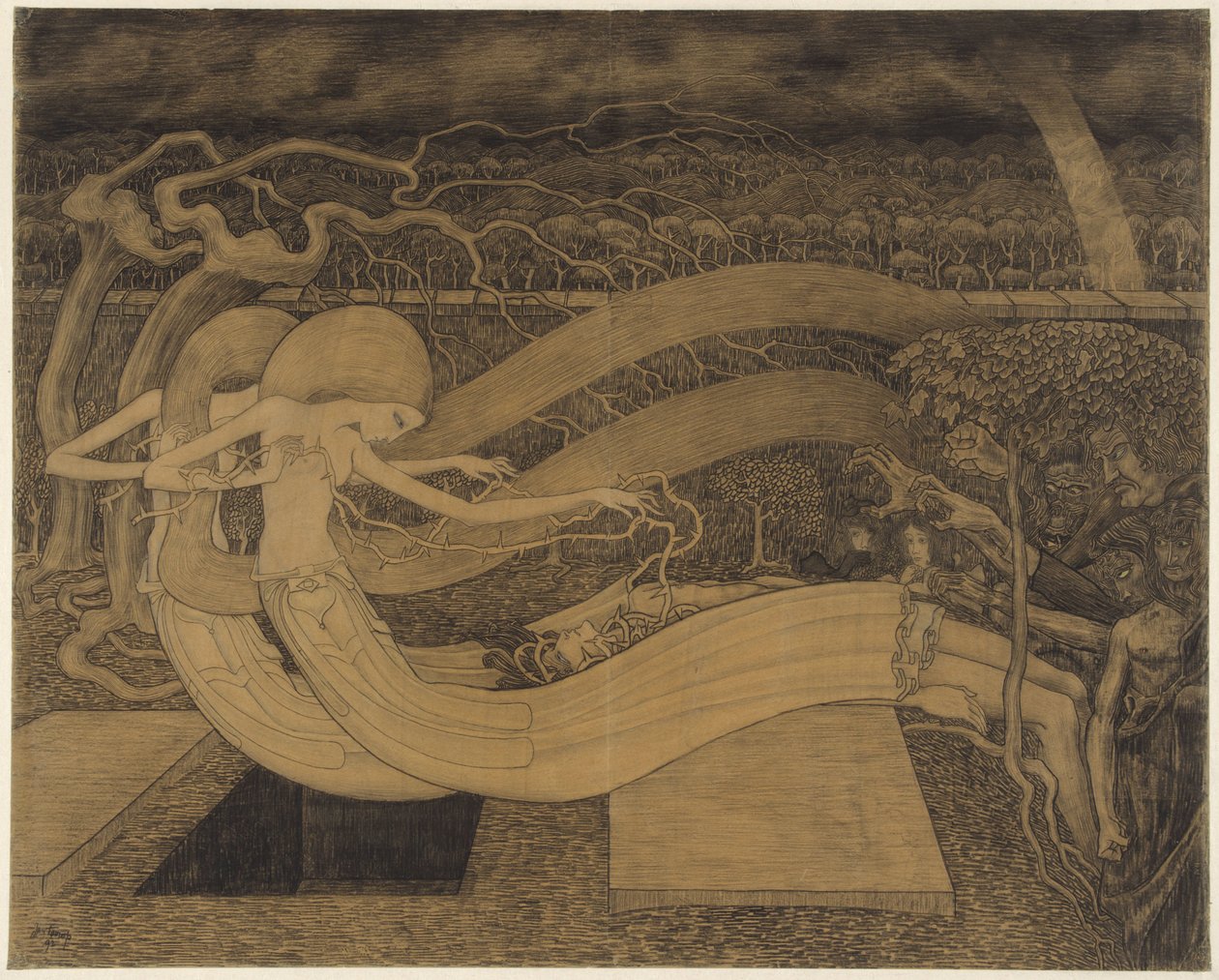 Oi Grave, missä on voittosi? Kaksi naista miehen vieressä ja avoin hauta Oi hauta, missä on voittosi tekijältä Jan Toorop