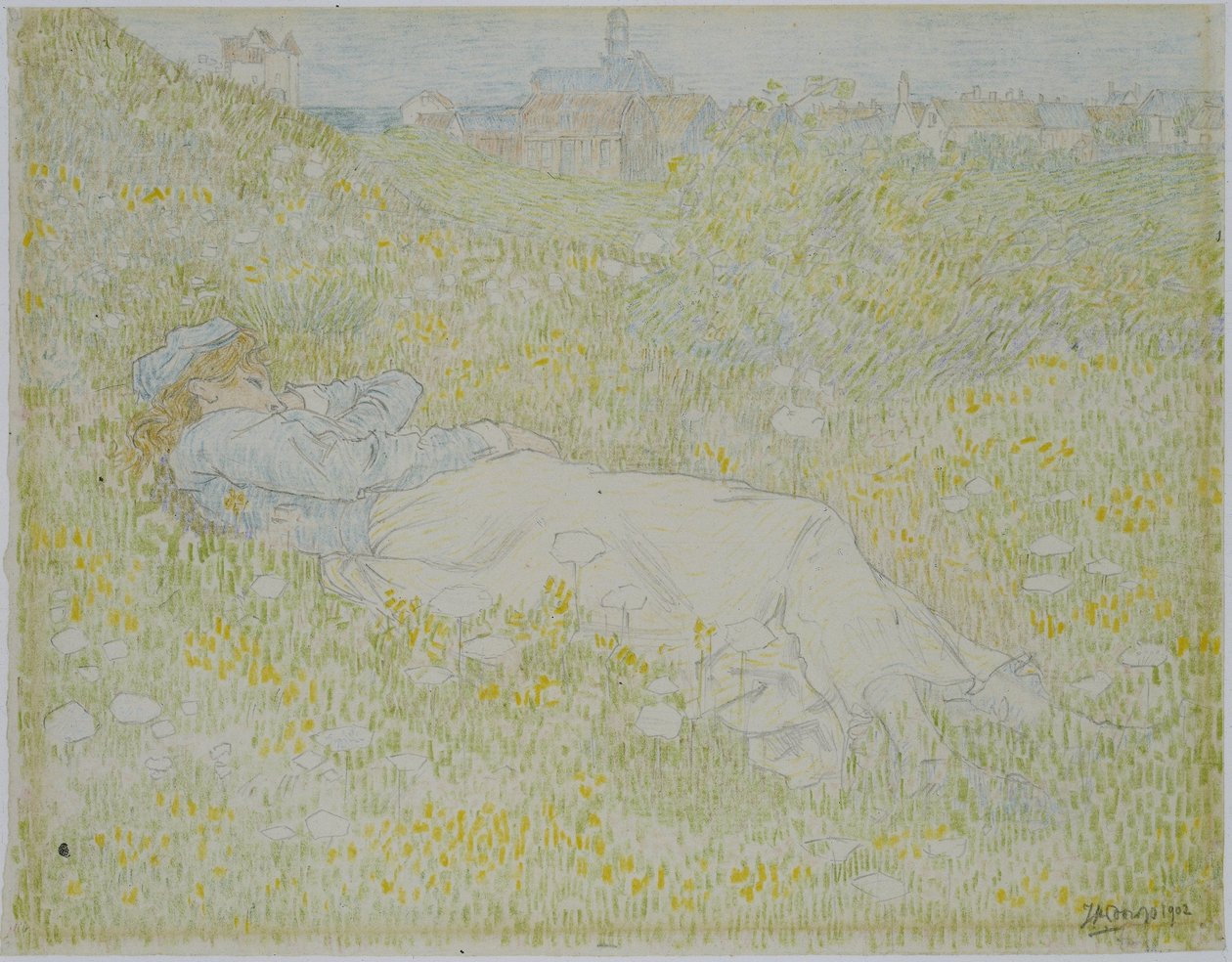 Nainen makaa dyynillä lähellä Noordwijkia Tyttö makaa nurmikolla Noordwijkin siluetin taustalla tekijältä Jan Toorop