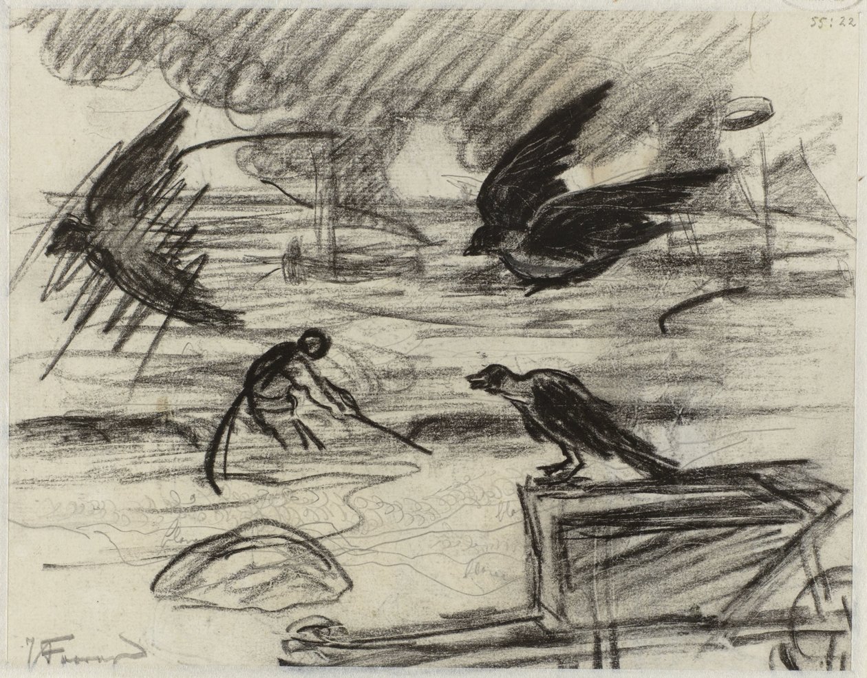 Merimaisema kalastajan kanssa, etualalla kottikärryt lintujen kanssa tekijältä Jan Toorop