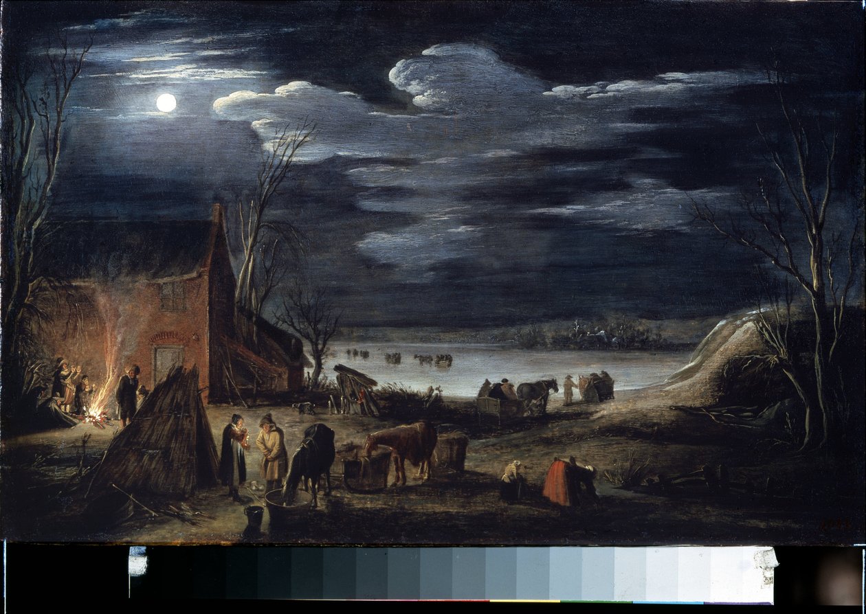 Talvi (Talvi). Jan II van de Velden (1593-1641) maalaus. Öljy puulle, 30 x 44,5 cm. Flanderin taide, barokkitaide. Eremitaaši, Pietari. tekijältä Jan Van de II Velde