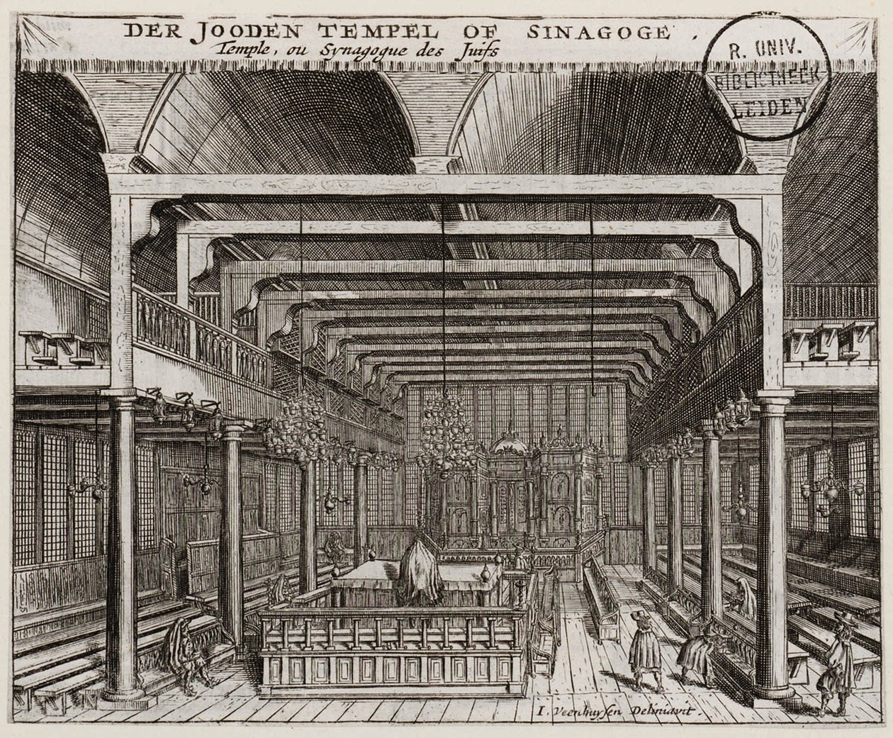 Amsterdamin portugalilaisen synagogan sisustus - Veenhuysen, tammikuu (toimii 1656-1685) - Kuparikaiverrus - 11,2x13,7 - Leidenin yliopiston kirjasto tekijältä Jan Veenhuysen