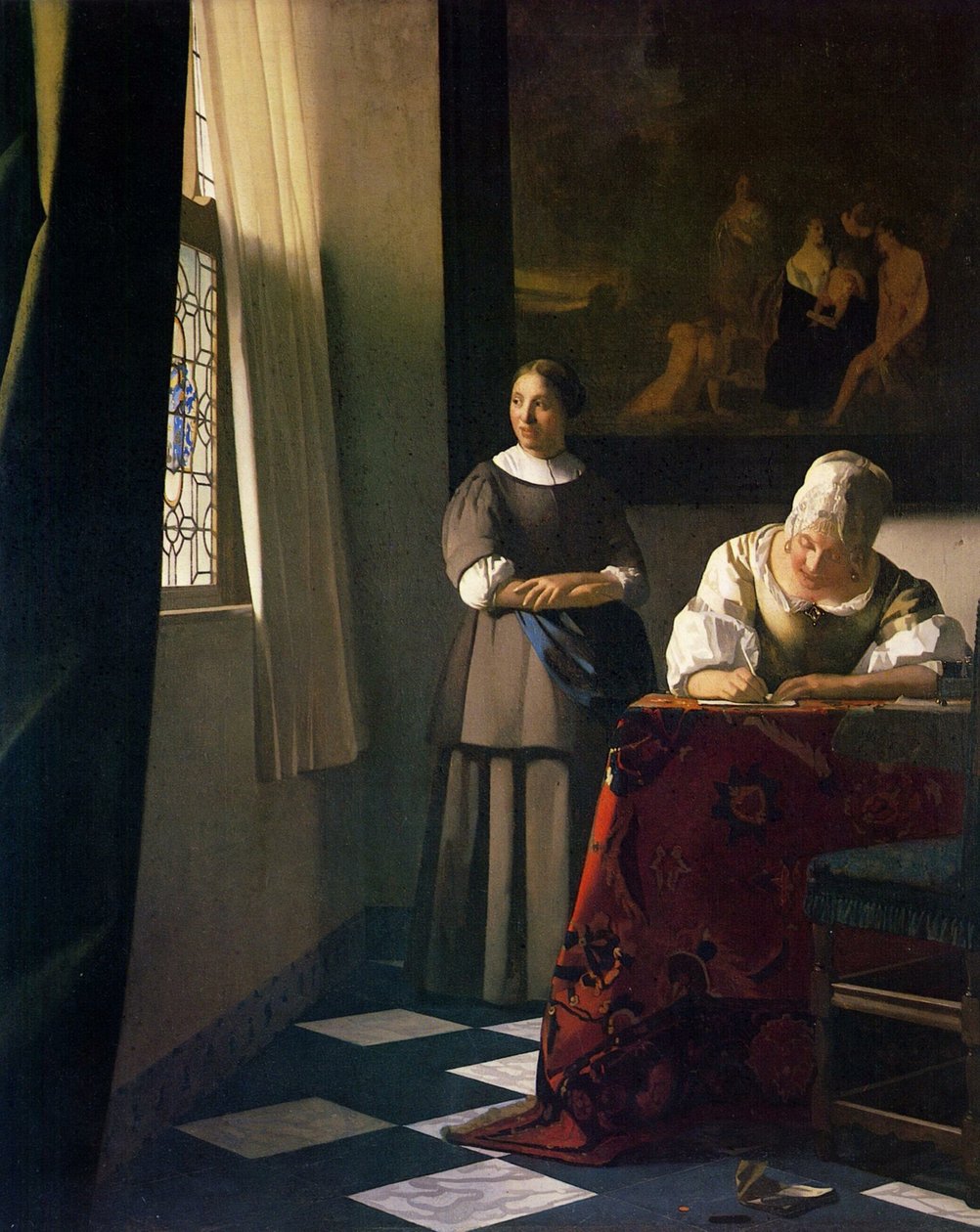 Lady kirjoittaa kirjettä palvelijansa kanssa tekijältä Jan Vermeer van Delft