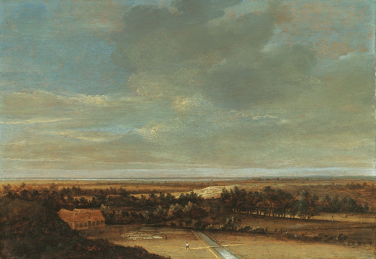 Laaja dyynimaisema, jossa maalaistalo ja valkaisualue tekijältä Jan Vermeer van Haarlem
