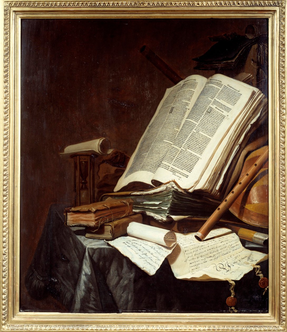 Kirjat ja soittimet Jan Vermeulenin (1638-1674) maalaus 1600-luvun su. 0,78x0,69 m Nantes, musee des Beaux Arts tekijältä Jan Vermeulen