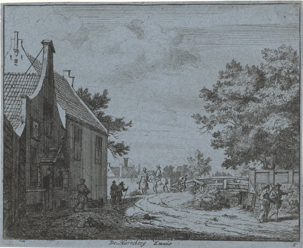 Näkymä majatalolle Emaus Harreberg Emaus (otsikko esineessä) Haarlemin alueen maisemat (sarjan nimi) Geigten Haarlemin ulkopuolella, Valmis. J.V.V. (sarjan otsikko objektissa) tekijältä Jan Vincentsz. van der Vinne