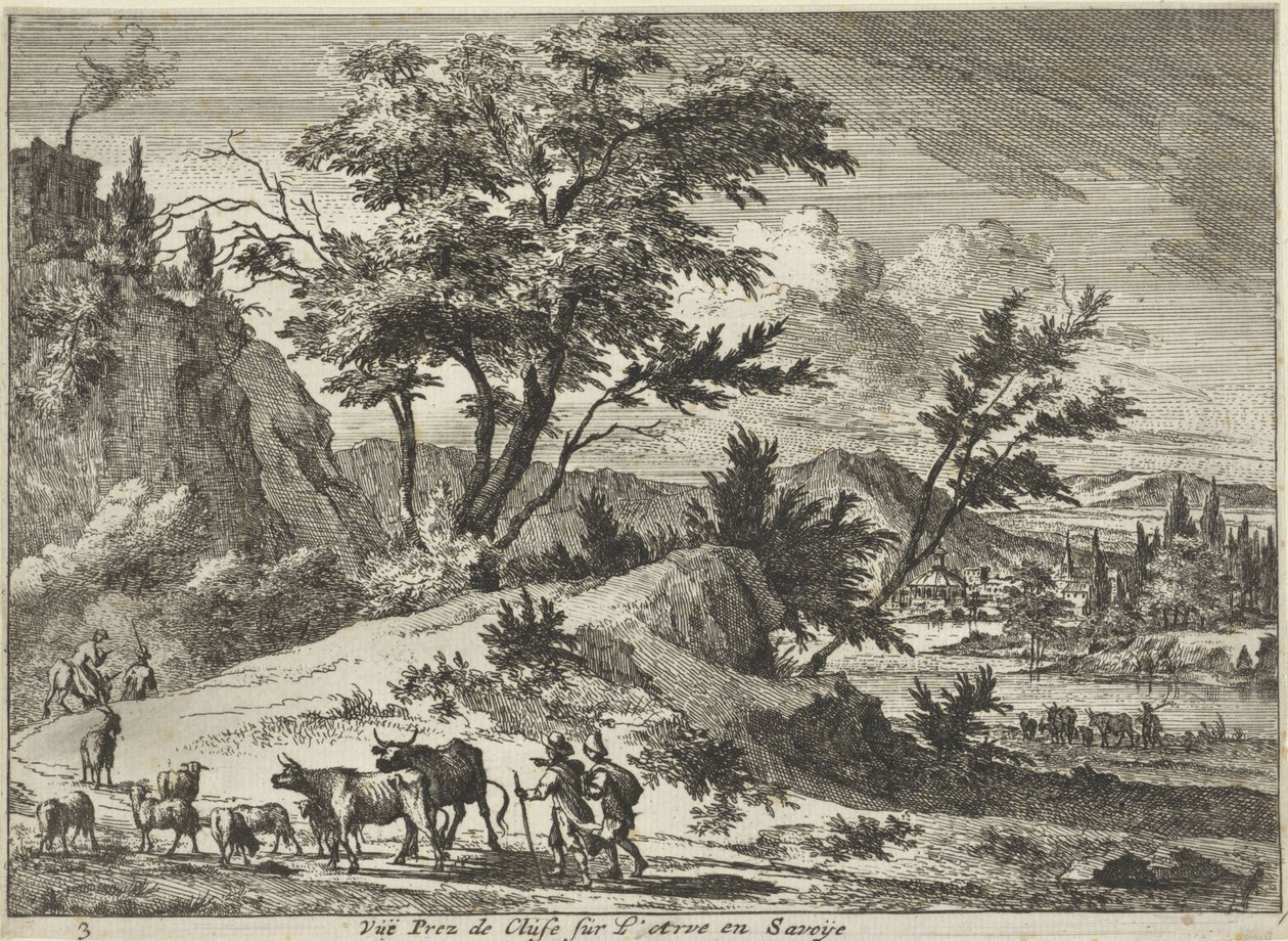 Näkymä tielle lähellä Clusesia Arvessa, Savoie Vue Prez de Cluse sur L´Arve en Savoije (otsikko esineessä) Faces in Savoie (sarjan nimi) tekijältä Jan Vincentsz. van der Vinne