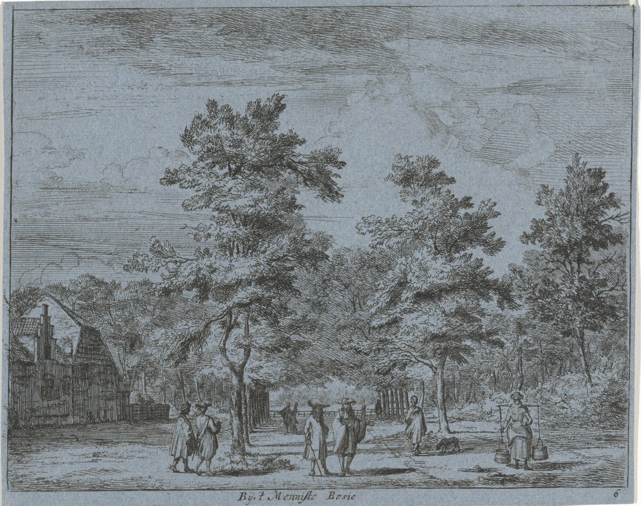 Käveleviä hahmoja puiden reunustamalla kadulla Menniste Bosiessa (otsikko esineessä) Haarlemin alueen maisemat (sarjan nimi) Gesigten Buijten Haarlem (sarjan nimi) tekijältä Jan Vincentsz. van der Vinne